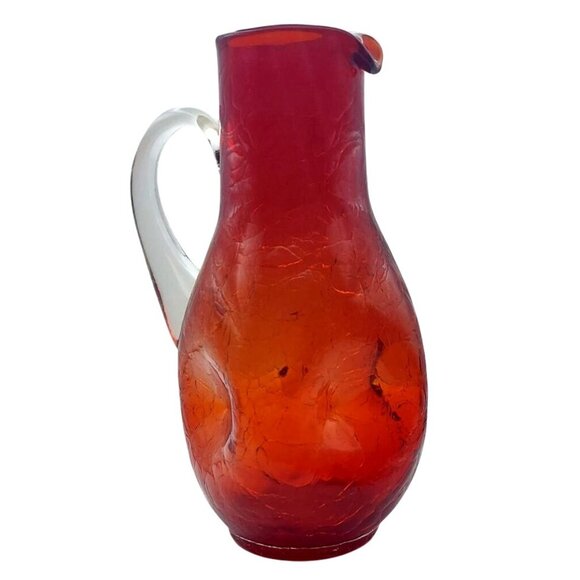 Unique Vintage Other - Vintage MCM Hand Blown Red Crackle Glass Pinched Pitcher Applied Clear Handle